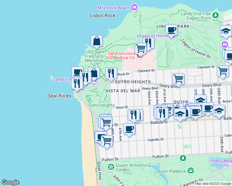 map of restaurants, bars, coffee shops, grocery stores, and more near 8245 Geary Boulevard in San Francisco