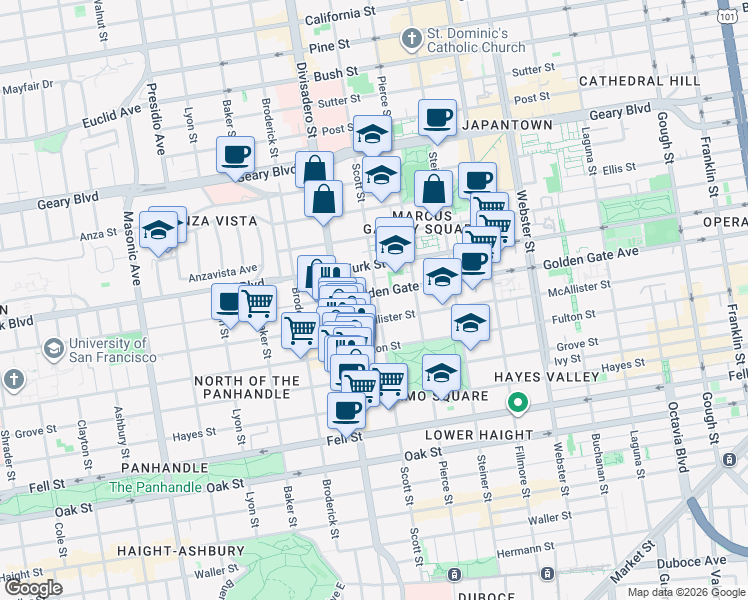 map of restaurants, bars, coffee shops, grocery stores, and more near 945 Scott Street in San Francisco