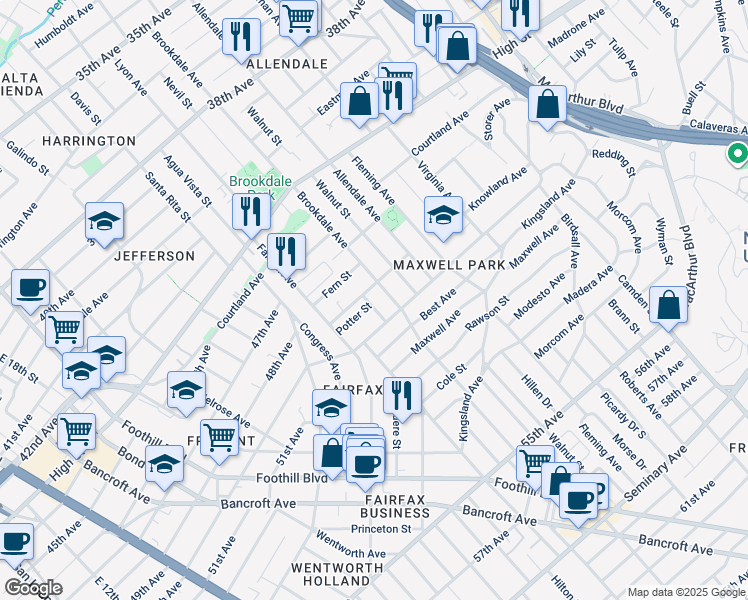 map of restaurants, bars, coffee shops, grocery stores, and more near 4816 Gordon Street in Oakland