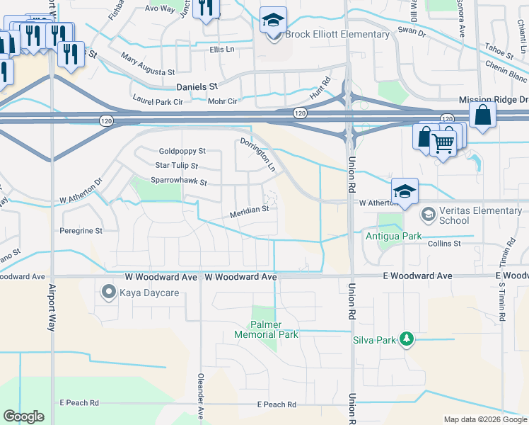 map of restaurants, bars, coffee shops, grocery stores, and more near 1444 Meridian Street in Manteca