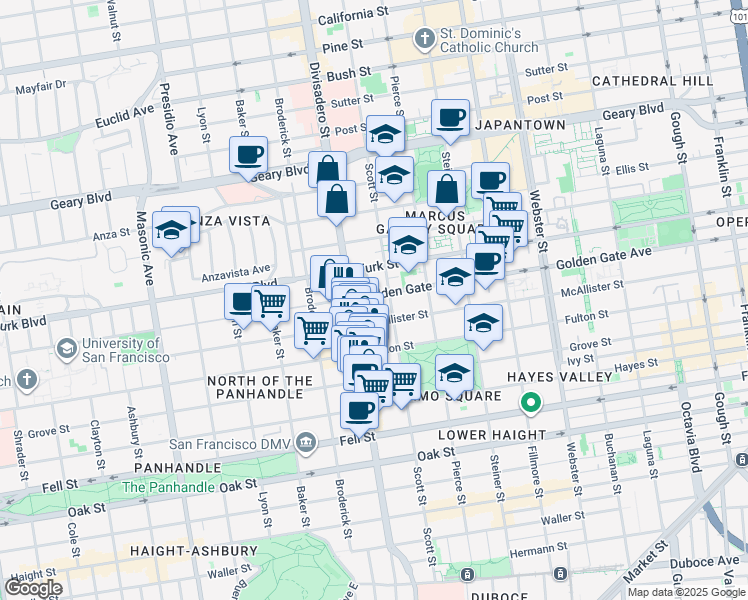 map of restaurants, bars, coffee shops, grocery stores, and more near 1645 Golden Gate Avenue in San Francisco