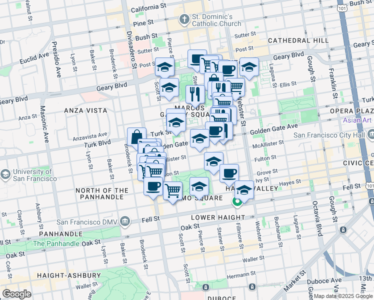 map of restaurants, bars, coffee shops, grocery stores, and more near 1455 Golden Gate Avenue in San Francisco
