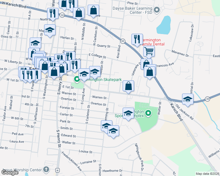 map of restaurants, bars, coffee shops, grocery stores, and more near 713 Sainte Genevieve Avenue in Farmington