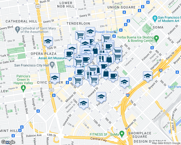 map of restaurants, bars, coffee shops, grocery stores, and more near 90 7th Street in San Francisco