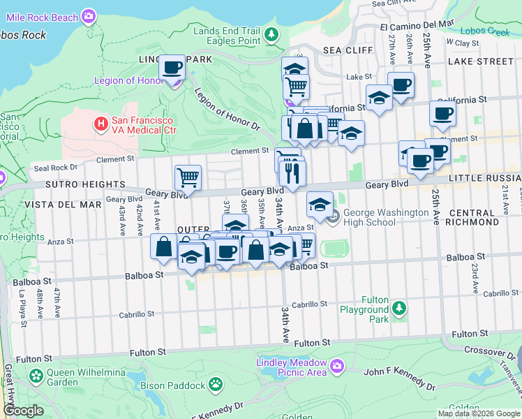 map of restaurants, bars, coffee shops, grocery stores, and more near 547 35th Avenue in San Francisco
