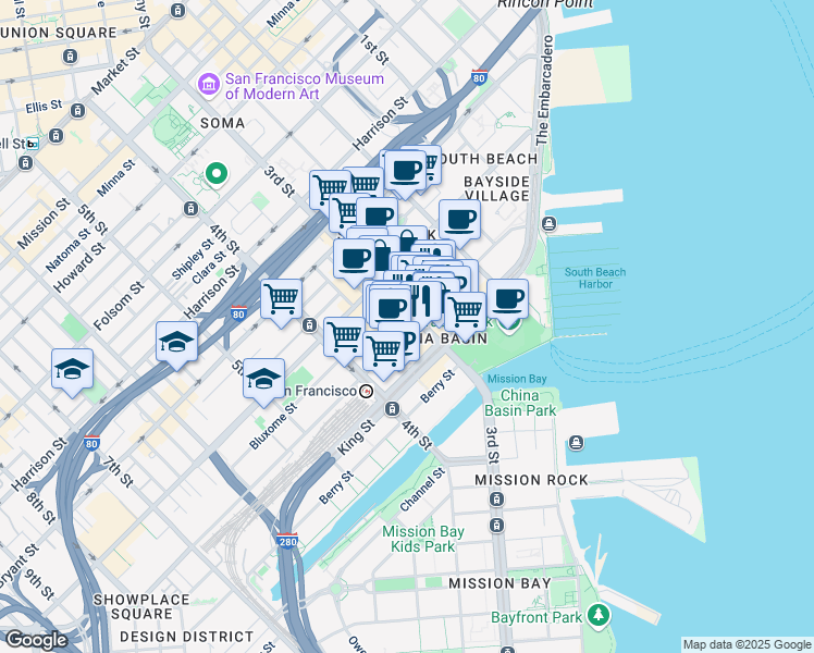 map of restaurants, bars, coffee shops, grocery stores, and more near 210 Townsend Street in San Francisco