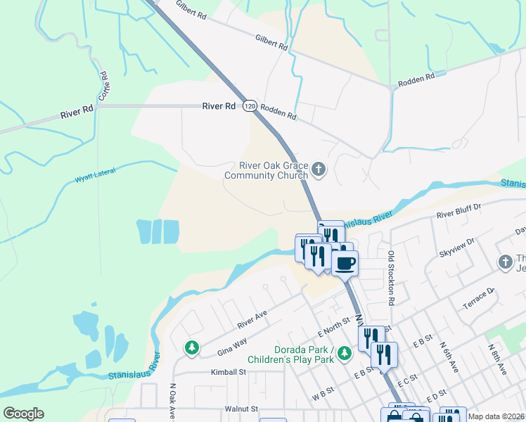 map of restaurants, bars, coffee shops, grocery stores, and more near 9643 Jackson Road in Oakdale