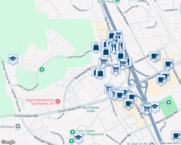 map of restaurants, bars, coffee shops, grocery stores, and more near 300 Deerwood Road in San Ramon