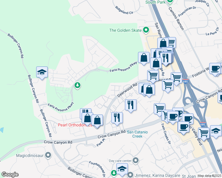 map of restaurants, bars, coffee shops, grocery stores, and more near 504 Destiny Lane in San Ramon