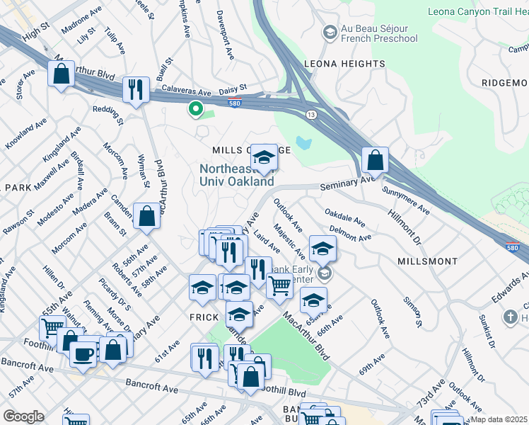 map of restaurants, bars, coffee shops, grocery stores, and more near in Oakland