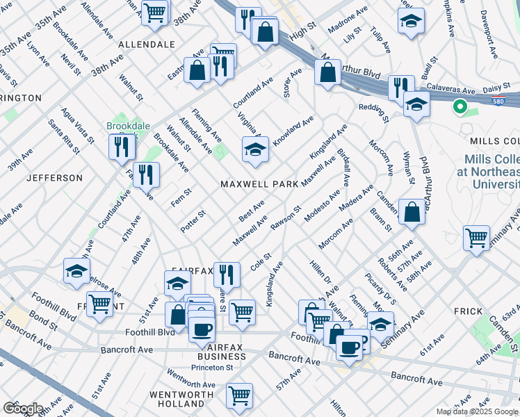 map of restaurants, bars, coffee shops, grocery stores, and more near 2727 Best Avenue in Oakland
