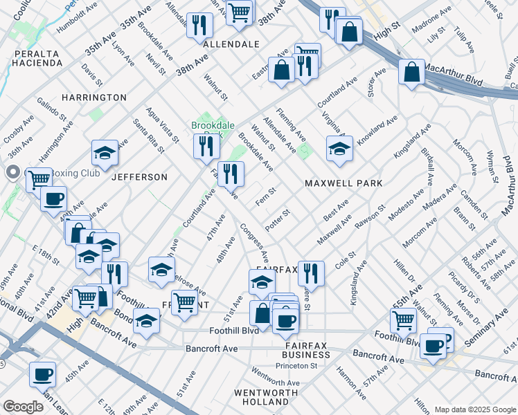 map of restaurants, bars, coffee shops, grocery stores, and more near 2440 Fern Street in Oakland