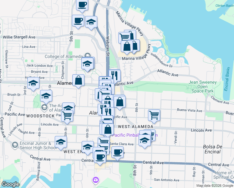 map of restaurants, bars, coffee shops, grocery stores, and more near in Alameda