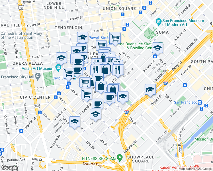 map of restaurants, bars, coffee shops, grocery stores, and more near 563 Natoma Street in San Francisco