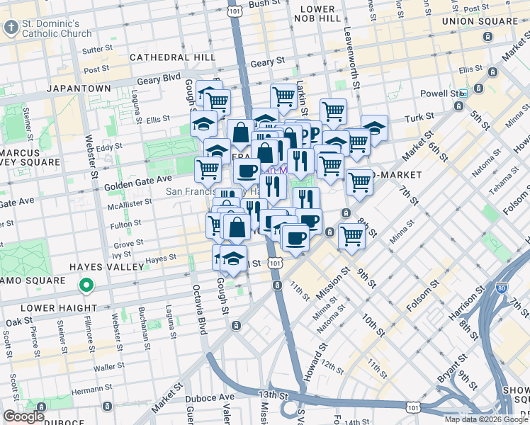 map of restaurants, bars, coffee shops, grocery stores, and more near 1 Doctor Carlton B Goodlett Place in San Francisco