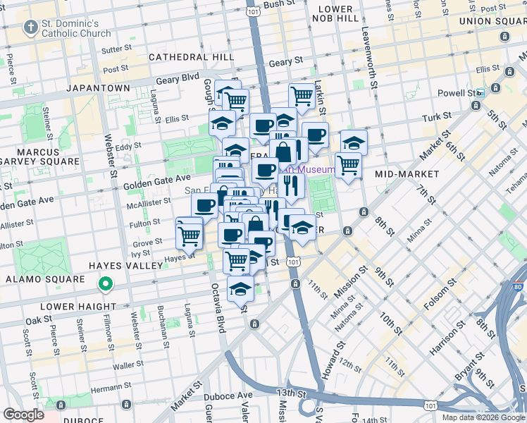 map of restaurants, bars, coffee shops, grocery stores, and more near in San Francisco