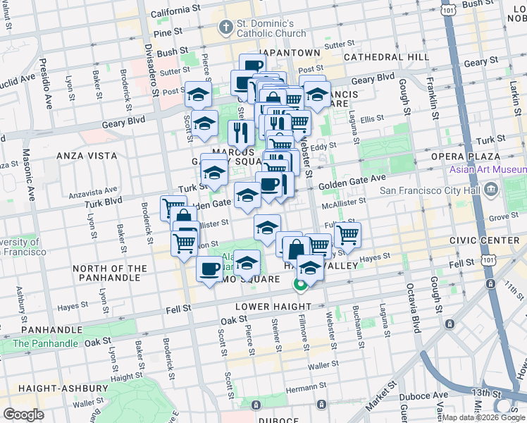 map of restaurants, bars, coffee shops, grocery stores, and more near 1028 Steiner Street in San Francisco
