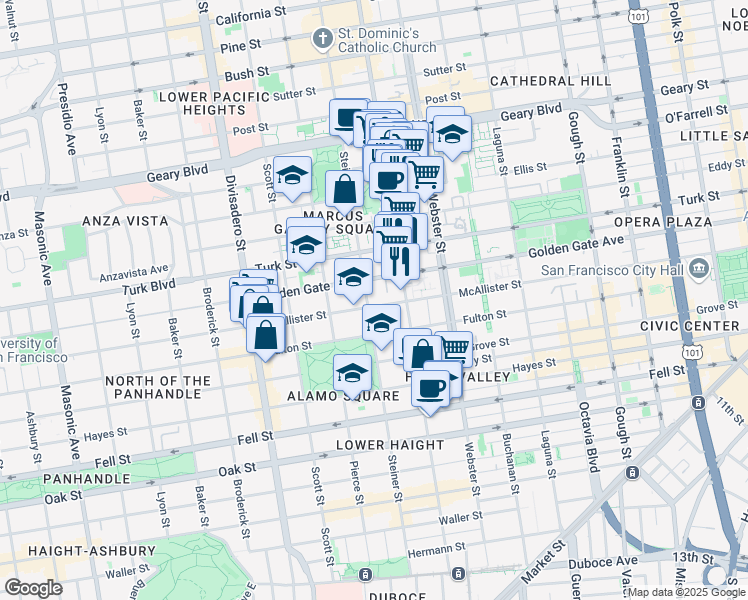 map of restaurants, bars, coffee shops, grocery stores, and more near 1028 Steiner Street in San Francisco