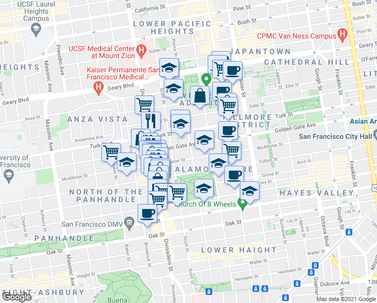 map of restaurants, bars, coffee shops, grocery stores, and more near 1513 Golden Gate Avenue in San Francisco