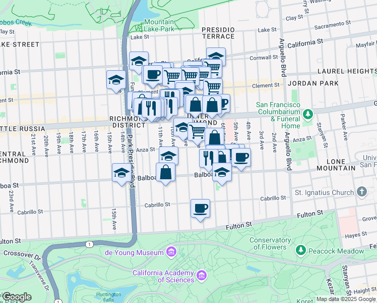 map of restaurants, bars, coffee shops, grocery stores, and more near 1800 Anza Street in San Francisco
