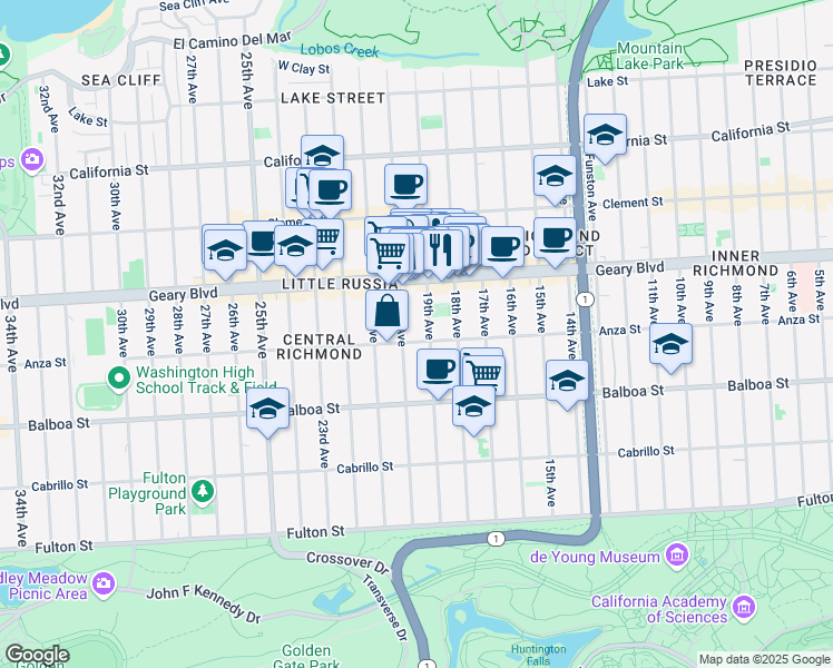 map of restaurants, bars, coffee shops, grocery stores, and more near 474 19th Avenue in San Francisco