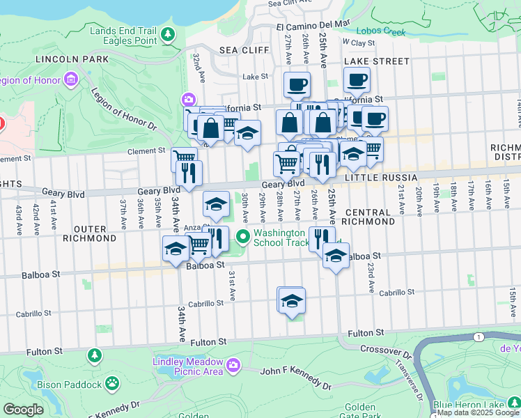 map of restaurants, bars, coffee shops, grocery stores, and more near 546 29th Avenue in San Francisco