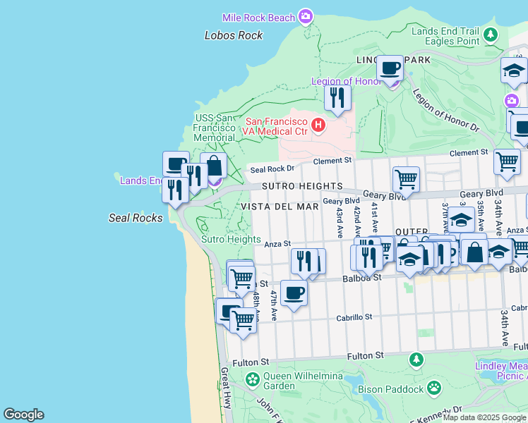 map of restaurants, bars, coffee shops, grocery stores, and more near 8245 Geary Boulevard in San Francisco