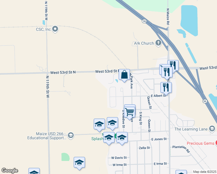 map of restaurants, bars, coffee shops, grocery stores, and more near 300 West Albert in Maize