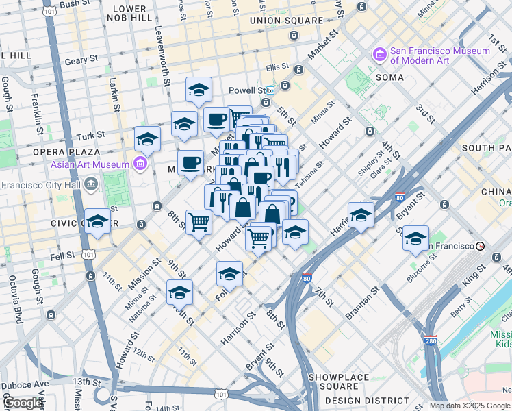 map of restaurants, bars, coffee shops, grocery stores, and more near 563 Natoma Street in San Francisco