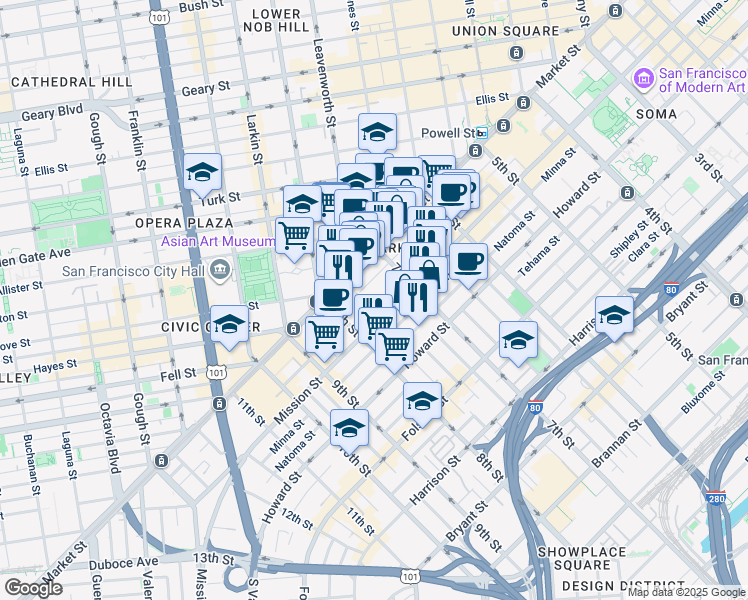 map of restaurants, bars, coffee shops, grocery stores, and more near 1160 Mission Street in San Francisco