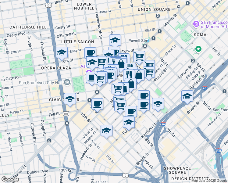 map of restaurants, bars, coffee shops, grocery stores, and more near 1160 Mission Street in San Francisco