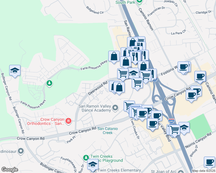 map of restaurants, bars, coffee shops, grocery stores, and more near 111 Stone Pine Lane in San Ramon