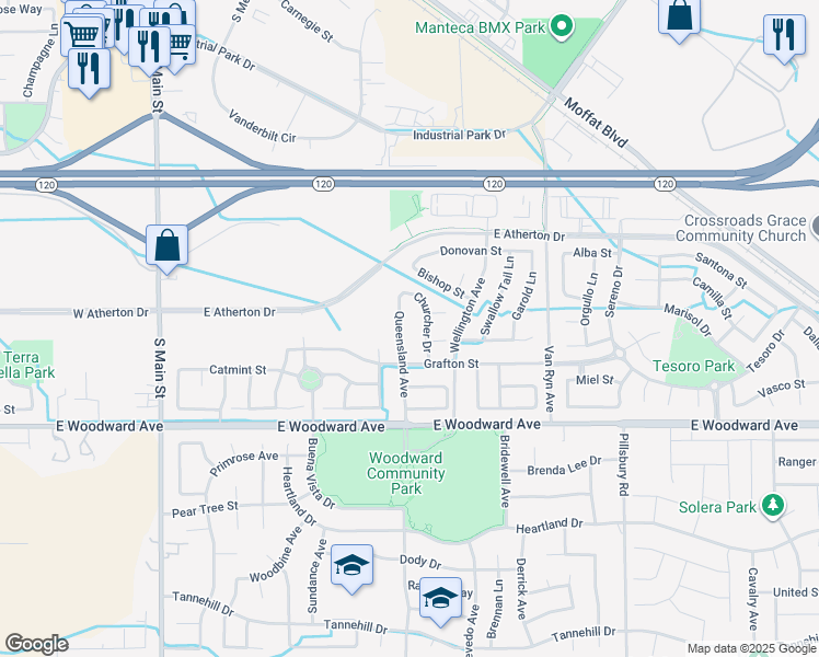 map of restaurants, bars, coffee shops, grocery stores, and more near 1568 Queensland Avenue in Manteca