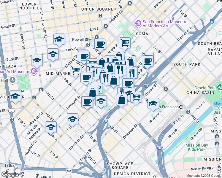 map of restaurants, bars, coffee shops, grocery stores, and more near 965 Folsom Street in San Francisco