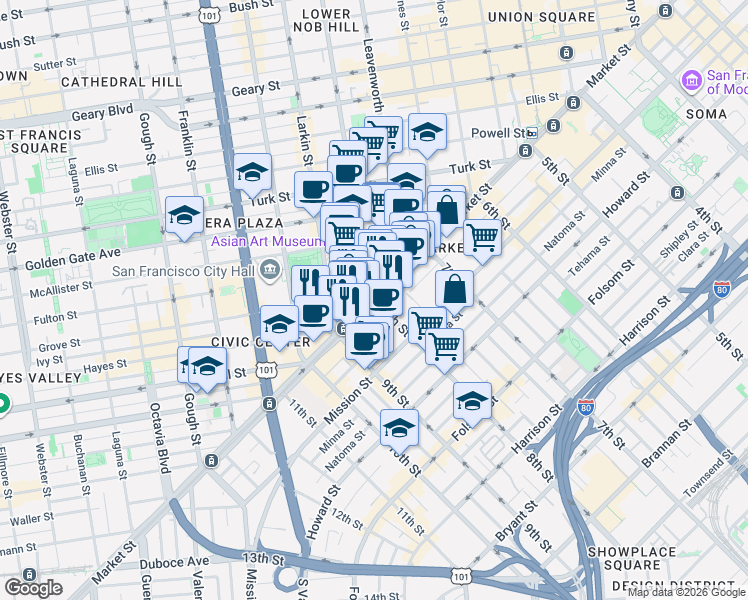 map of restaurants, bars, coffee shops, grocery stores, and more near Market St & 8th St in San Francisco