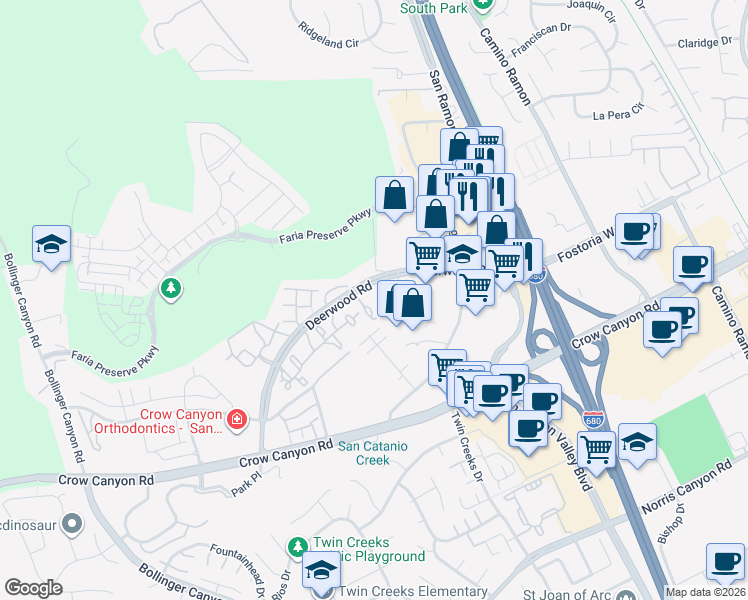 map of restaurants, bars, coffee shops, grocery stores, and more near 300 Deerwood Road in San Ramon