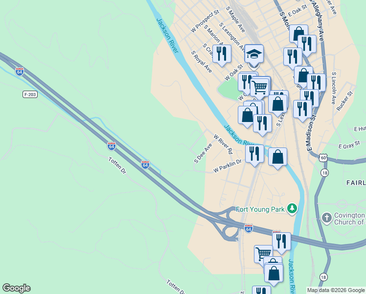 map of restaurants, bars, coffee shops, grocery stores, and more near 1019 West Ridge Street in Covington