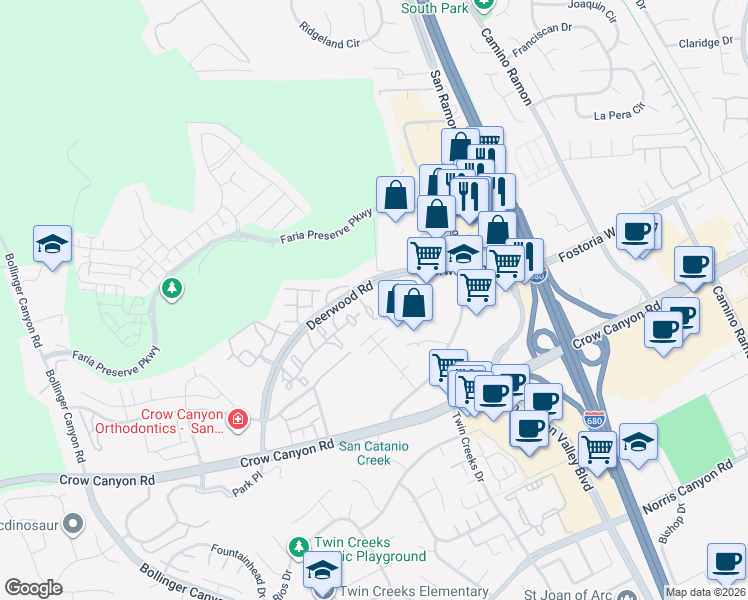 map of restaurants, bars, coffee shops, grocery stores, and more near 113 Stone Pine Lane in San Ramon