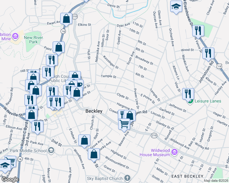 map of restaurants, bars, coffee shops, grocery stores, and more near 115 Clyde Street in Beckley