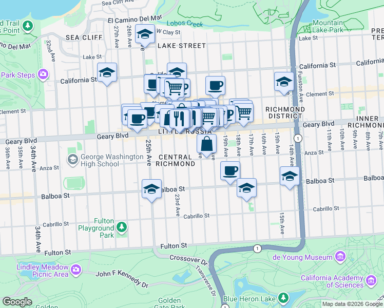 map of restaurants, bars, coffee shops, grocery stores, and more near 462 22nd Avenue in San Francisco