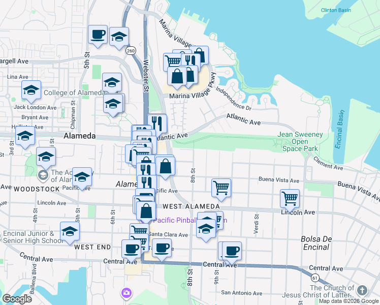 map of restaurants, bars, coffee shops, grocery stores, and more near 1851 8th Street in Alameda
