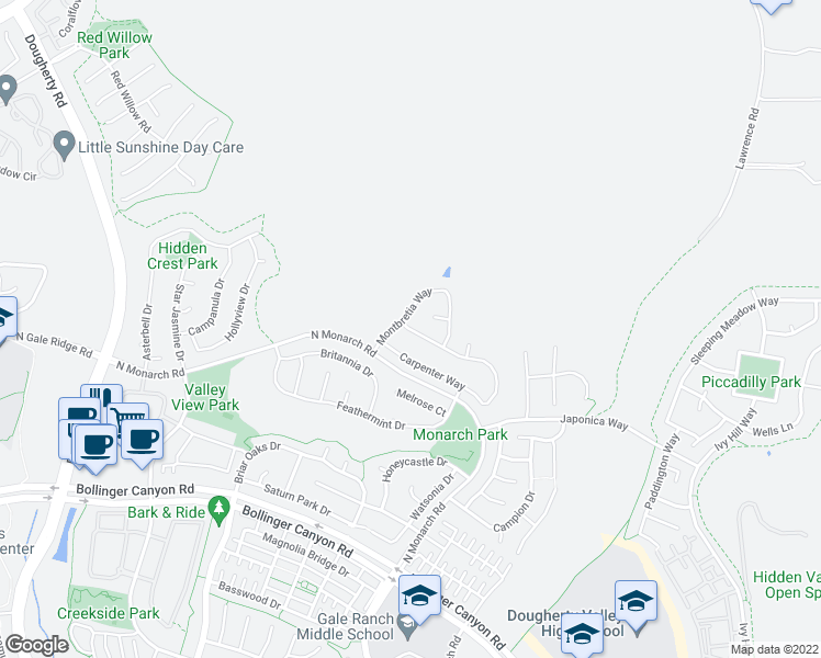map of restaurants, bars, coffee shops, grocery stores, and more near 3309 Ironwood Drive in San Ramon