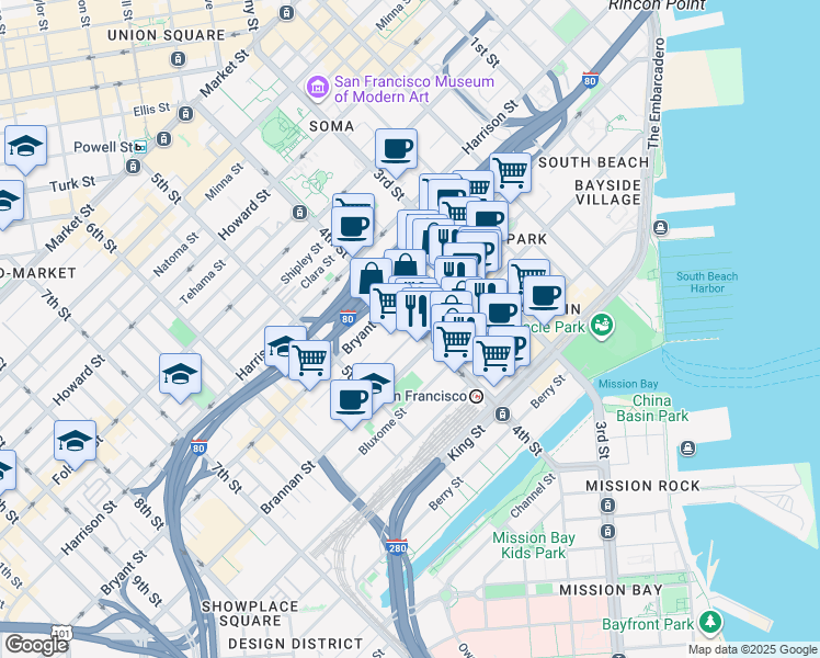 map of restaurants, bars, coffee shops, grocery stores, and more near in San Francisco
