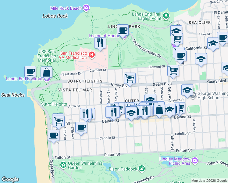 map of restaurants, bars, coffee shops, grocery stores, and more near 501 41st Avenue in San Francisco