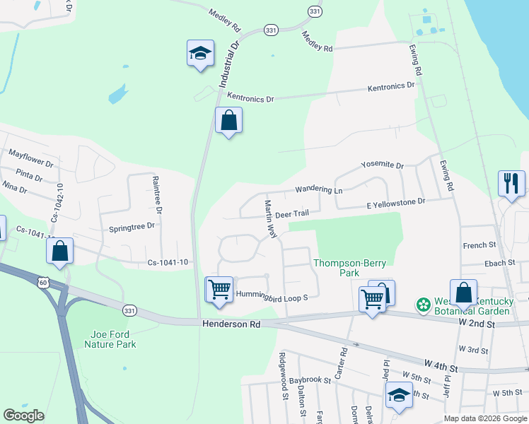 map of restaurants, bars, coffee shops, grocery stores, and more near 309 Martin Way in Owensboro