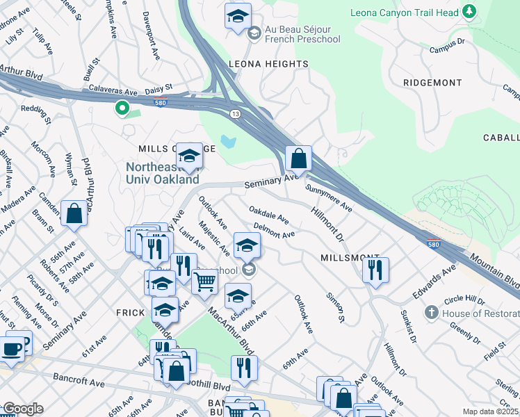 map of restaurants, bars, coffee shops, grocery stores, and more near 6156 Oakdale Avenue in Oakland