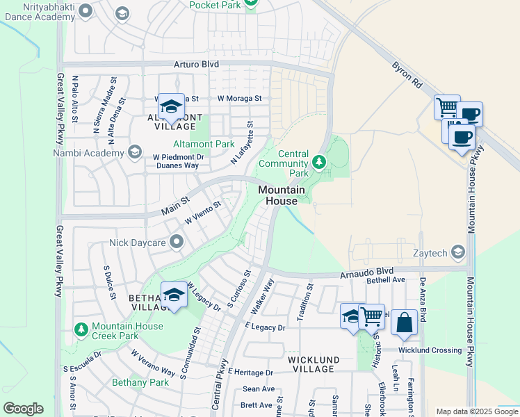 map of restaurants, bars, coffee shops, grocery stores, and more near 160 West Saltillo Lane in Mountain House