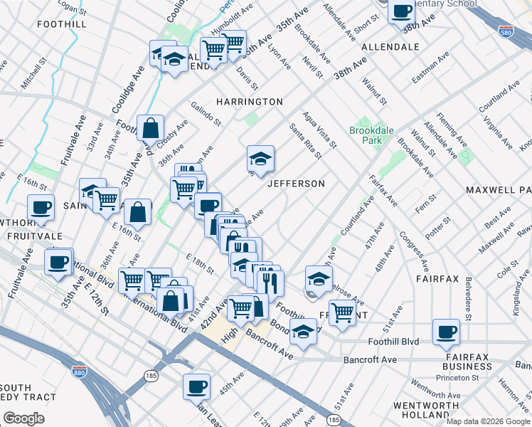 map of restaurants, bars, coffee shops, grocery stores, and more near 2035 Rosedale Avenue in Oakland