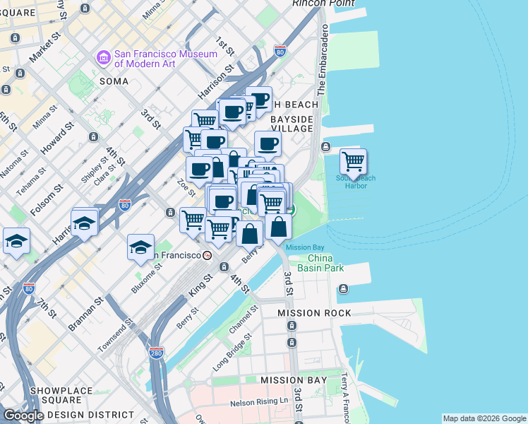 map of restaurants, bars, coffee shops, grocery stores, and more near 170 King Street in San Francisco