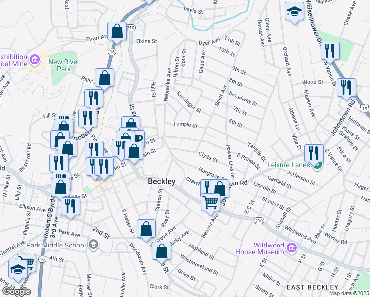 map of restaurants, bars, coffee shops, grocery stores, and more near 115 Clyde St in Beckley